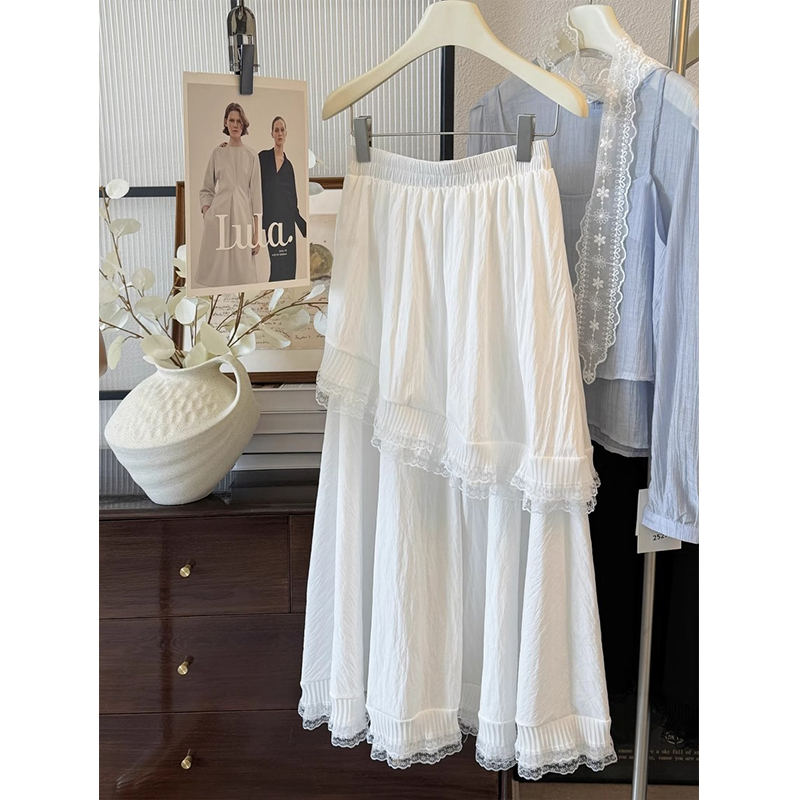 Lace spliced ​​cake skirt skirt women's high waist slim drooping ruffle edge A-line long skirt