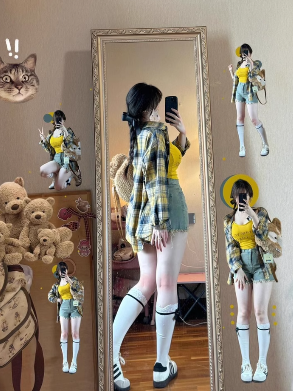 多巴胺穿搭純棉黃黑色格子襯衫女寬鬆慵懶風中長款襯衣防曬衫外穿