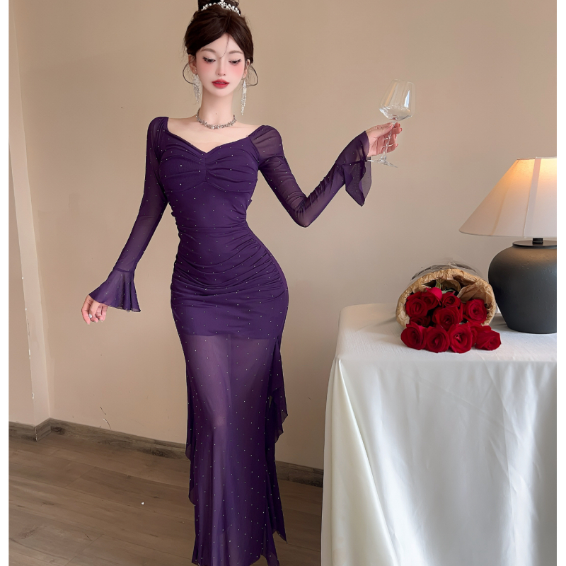 Sexy long-sleeved mesh hot diamond base sunscreen dress