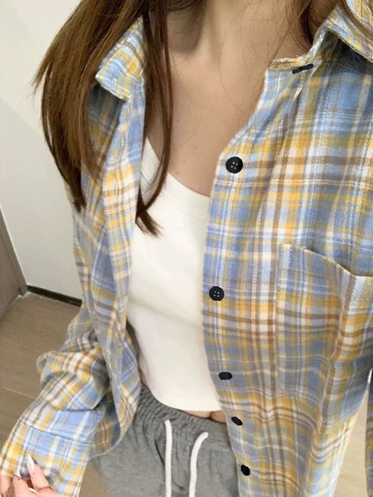 美式復古黃藍色格子長袖襯衫女春秋夏季寬鬆休閒中性bm襯衣外套