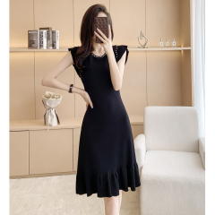 天貓質量夏季名媛小香風黑色冰絲魚尾裙女高檔女裝針織連衣裙