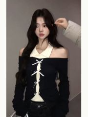 純欲辣妹拼接蝴蝶結針織衫女秋季設計感顯瘦打底衫