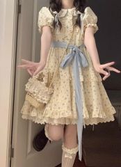 甜美碎花娃娃領連衣裙女夏季泡泡袖小個子公主蛋糕裙收腰蓬蓬裙子