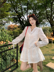 Real shot Korean chic spring and summer simple V-neck long-sleeved dress