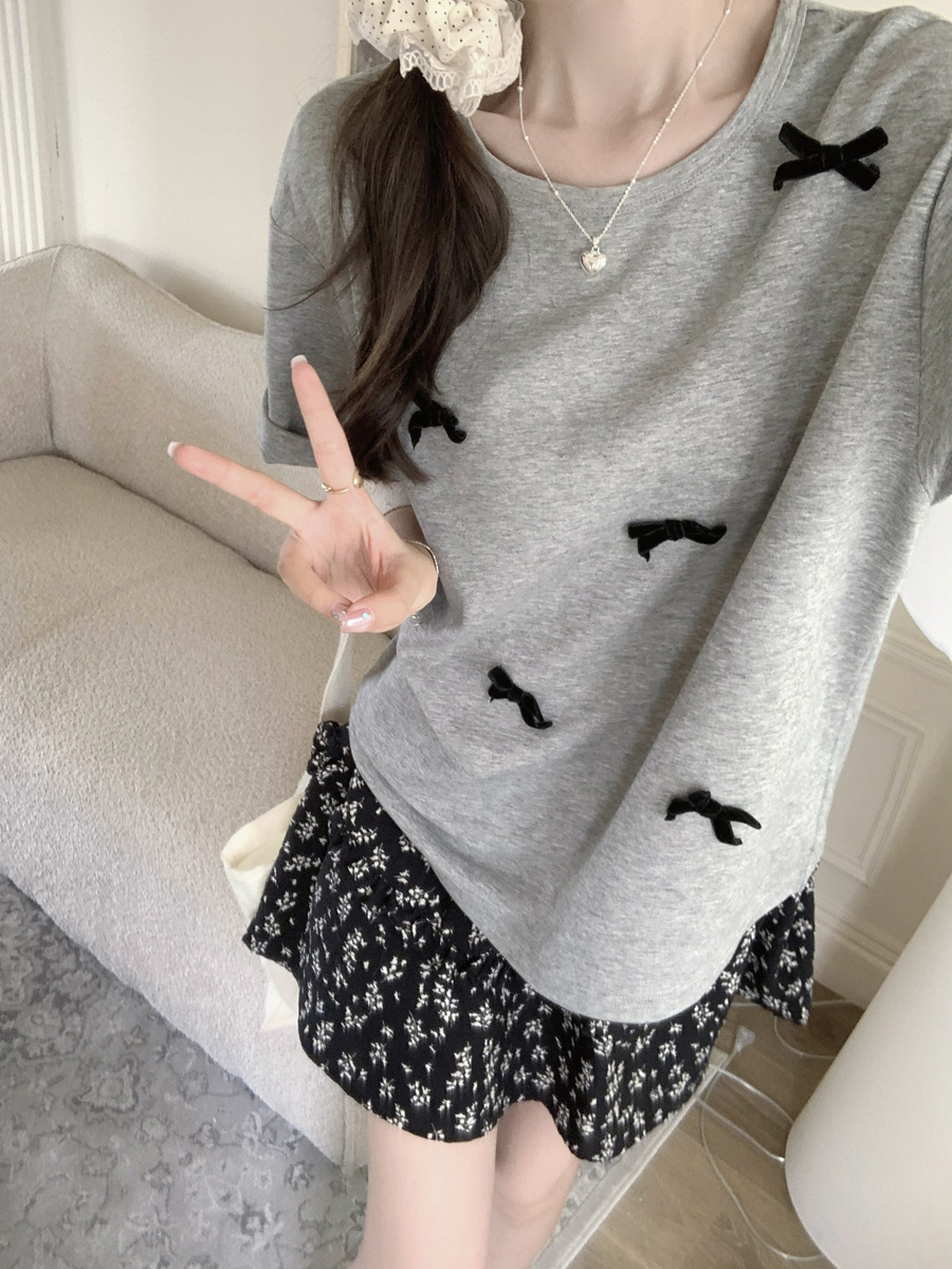 Real-life pure cotton round neck collapse shoulder short-sleeved T-shirt for women with three-dimensional bow design loose base shirt top trendy
