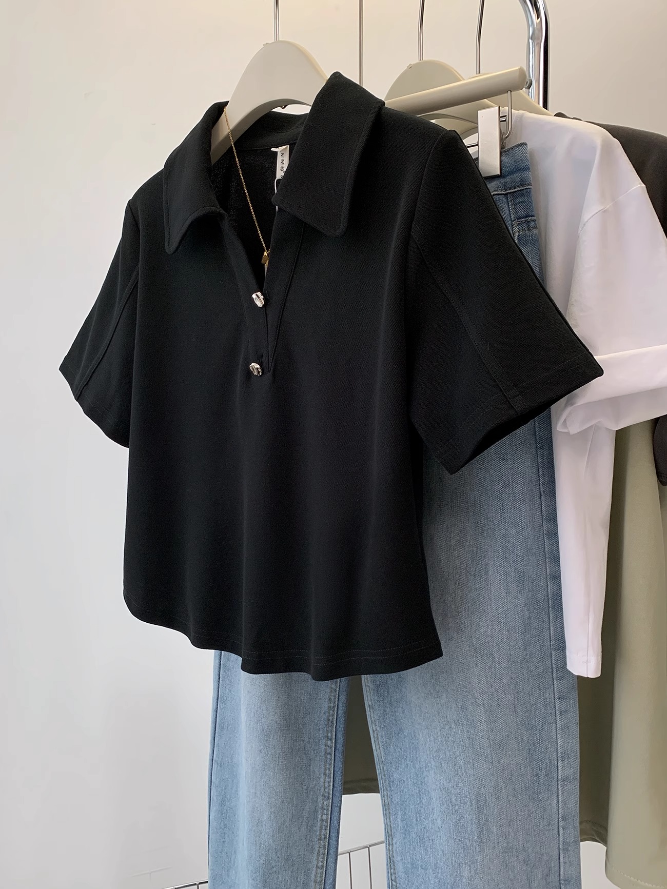 Official photo 32 double yarns, black short-sleeved Polo shirt, neck T-shirt, women's summer shoulder top