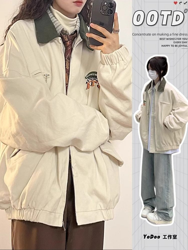美式復古翻領夾克外套女春秋寬鬆百搭潮牌刺繡撞色早秋棒球服上衣
