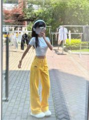 高街設計感黃色牛仔褲女辣妹美式寬鬆直筒闊腿長褲