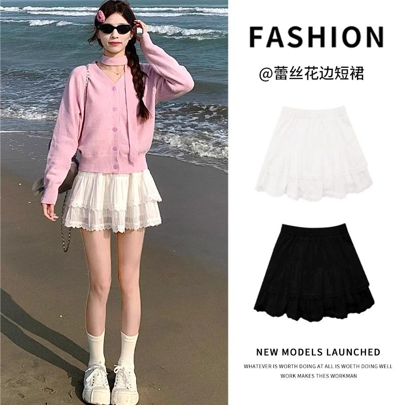 2025 new style of slim and small person who is resistant to exposure to a line skirt with white lace cake skirt