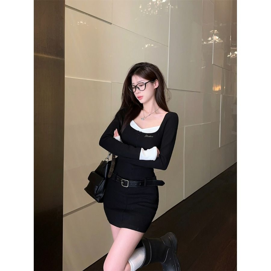 假兩件拼色長袖連衣裙女裝秋季設計感辣妹包臀裙短裙