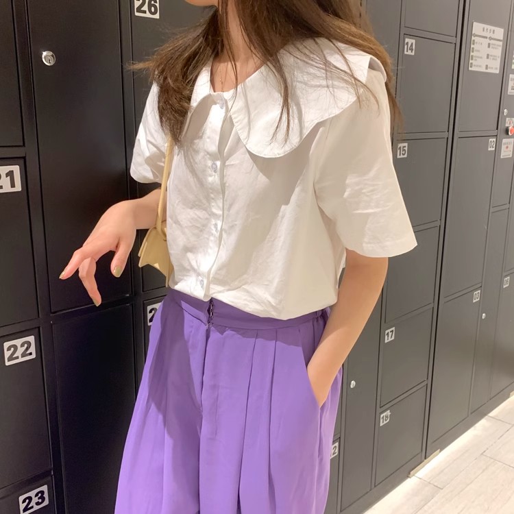 氣質法式荷葉領短袖襯衫女甜美春夏季溫柔白色復古設計感花邊襯衣
