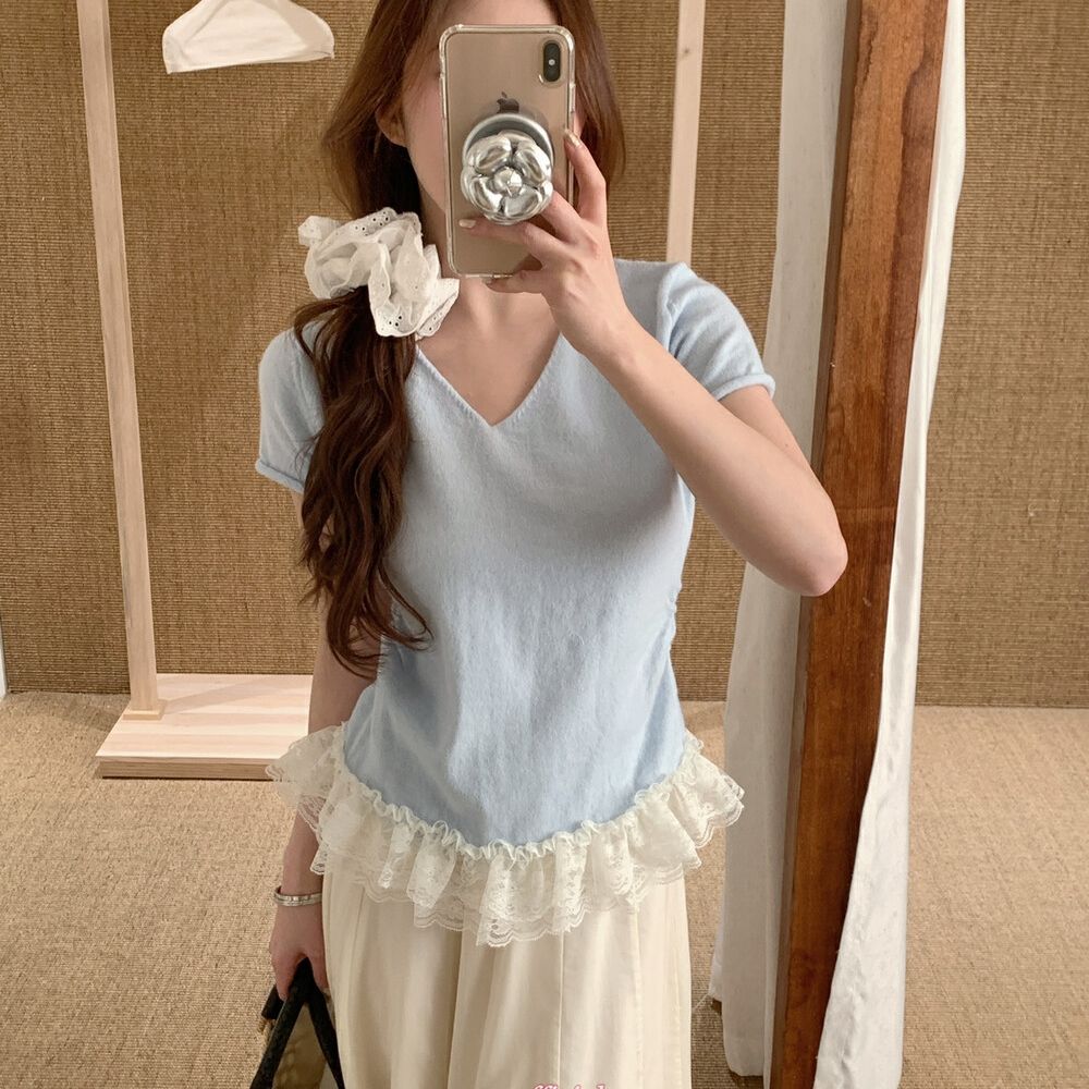 AS OFFICIAL LACE hem atmosphere • Lace spliced ​​hem shirt women knitted sweater