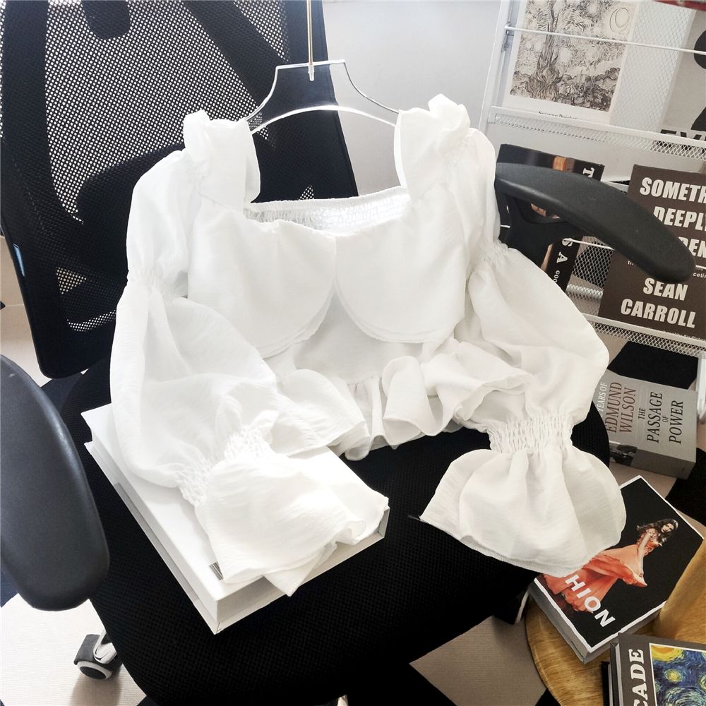 Real photo of square collar flare sleeve long sleeve lace shirt for women with mature chiffon shirt top for summer thin style short style