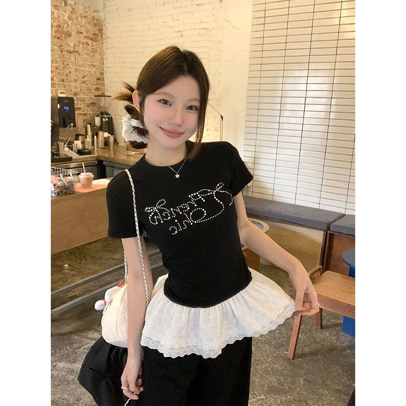 Original lace lace front shoulder short-sleeved T-shirt for women in summer new niche sweet lace slim bodywear