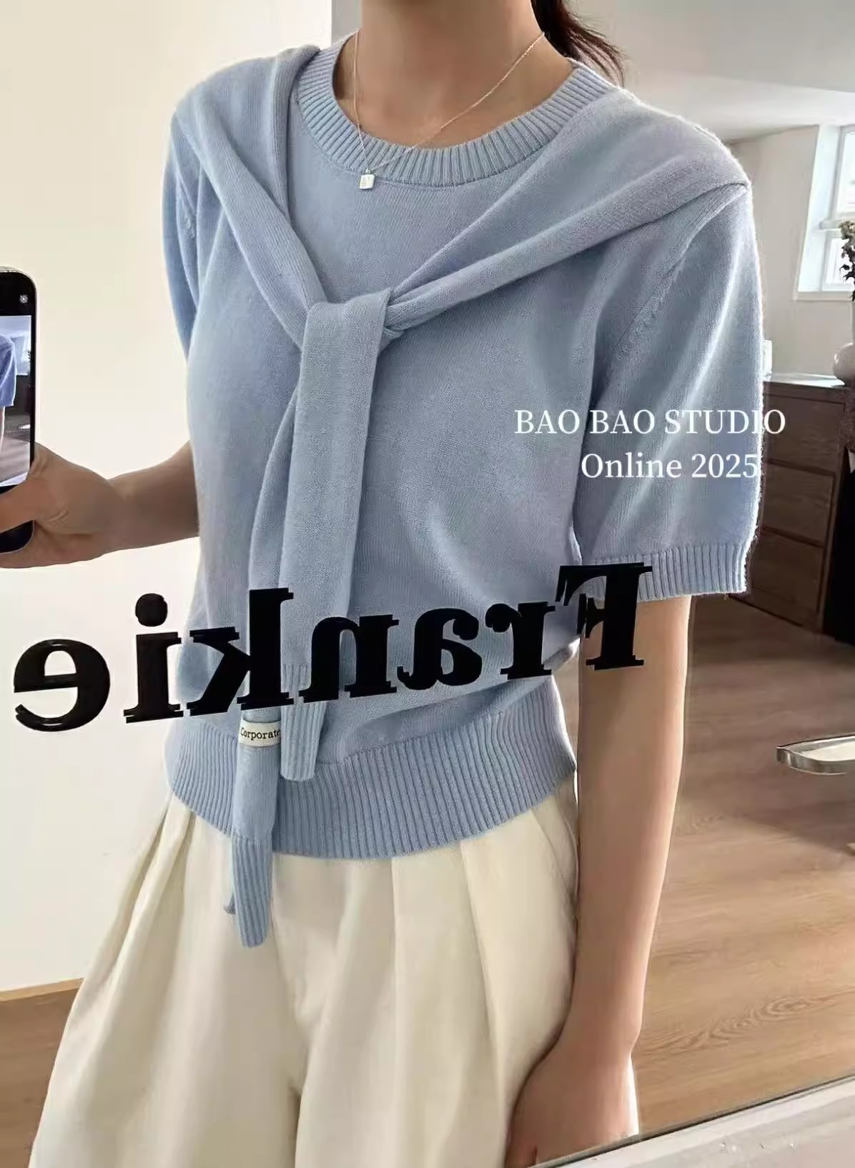 BAOBAOFAN FAN Korean fake two-piece round neck pullover top knit sweater
