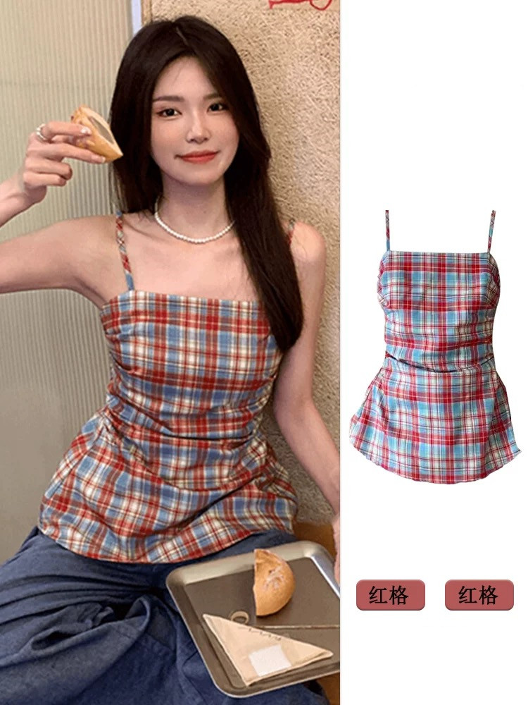 法式抹胸紅色格子吊帶背心女夏季外穿獨特超好看收腰辣妹無袖上衣