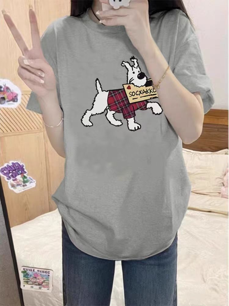 200g combed and tight spun in 2025, pure cotton back bag strip, spring and summer loose shoulder printed short-sleeved T-shirt