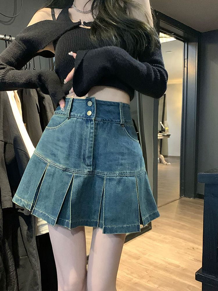 高腰百褶牛仔半身裙女春季大碼胖mm遮肚顯瘦設計感a字包臀短裙子