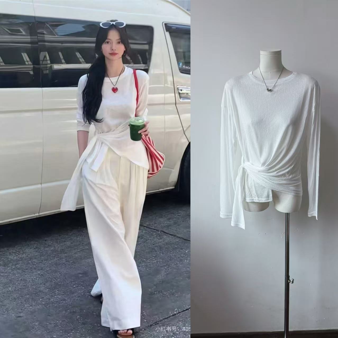 Tennis linen lazy, slightly translucent long-sleeved T-shirt for women in summer design lace-up thin loose sunscreen blouse