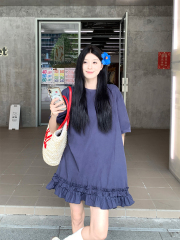 Real shot of energetic girl Korean chic simple design loose dress