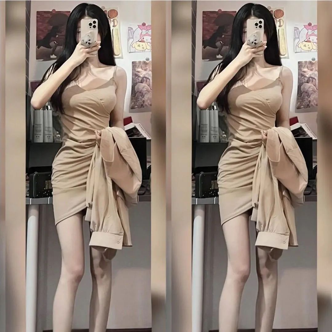 辣妹交叉褶皺包臀連衣裙女純欲風不規則短款收腰修身吊帶連衣裙夏