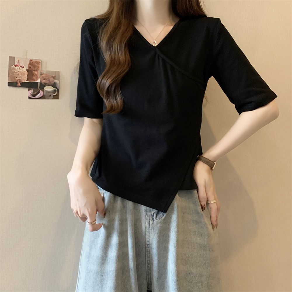 Real photo 2025 new 40 pure cotton 210g 92 cotton/8 spandex short-sleeved T-shirt women's V-neck cross top