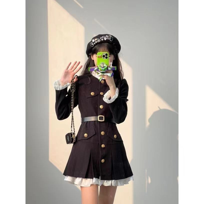 高級感小香風黑色西裝短裙春季2025新款洋氣收腰長袖拼接連衣裙女