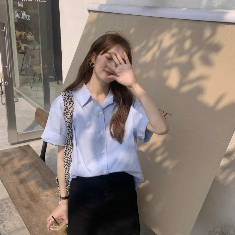Real shot of the new Korean style summer design niche solid color loose versatile short-sleeved shirt