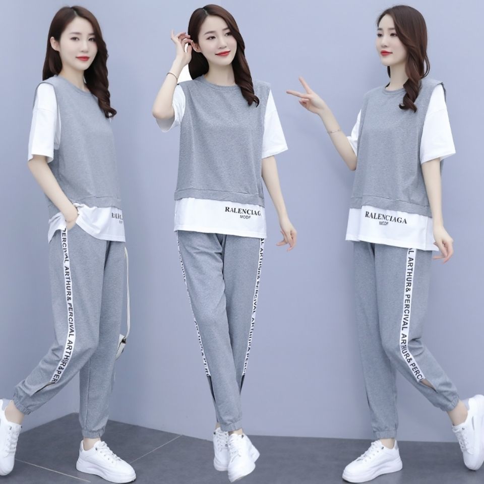 2025 new large size fat mm loose student running two-piece set trendy casual sports suit for women in summer