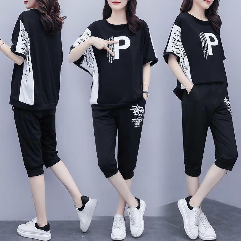 2025 large-size sports suit for women's summer new fat mm loose short-sleeved cropped pants casual two-piece set