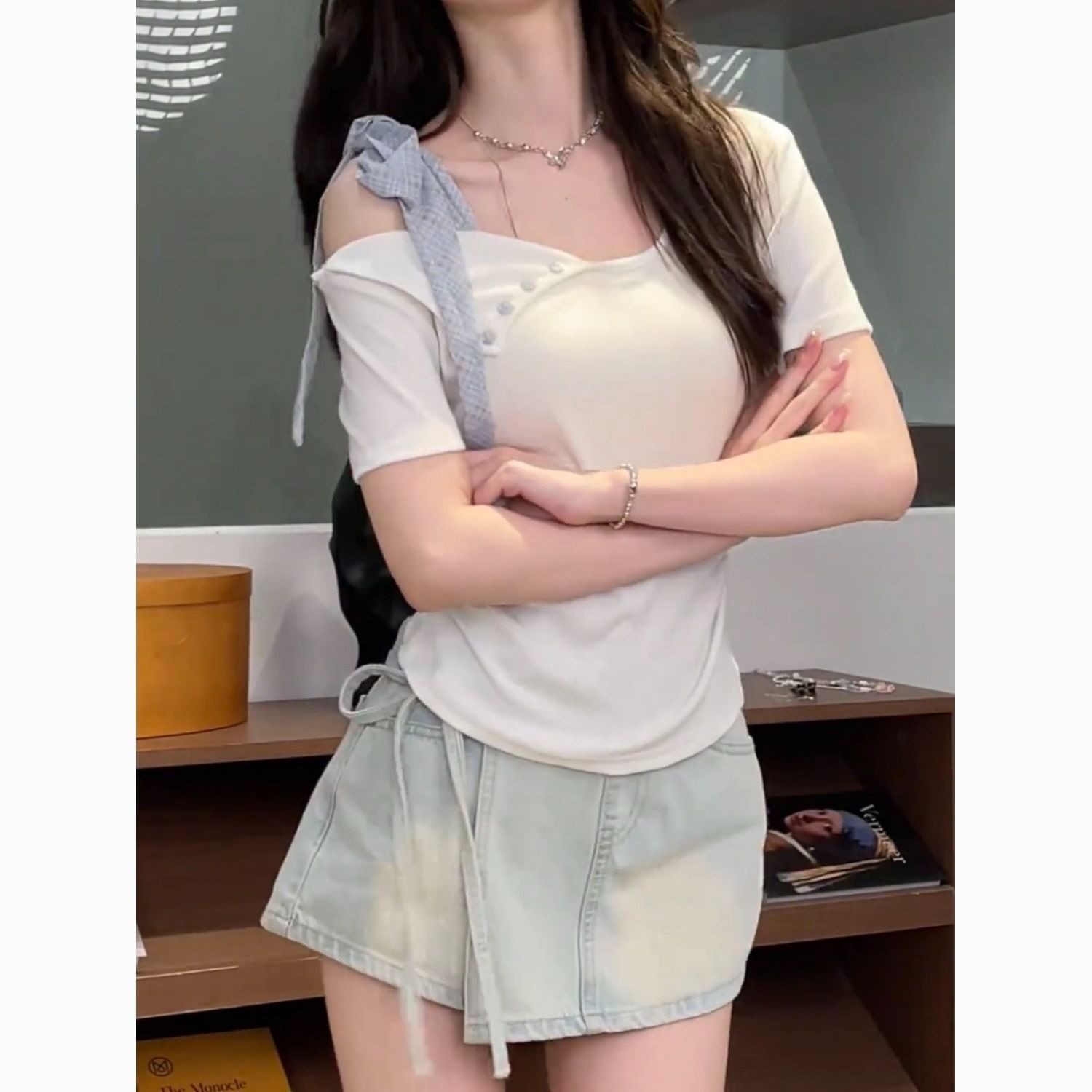 Pure cotton 210g irregular strap bow button slim short-sleeved top for women T-shirt