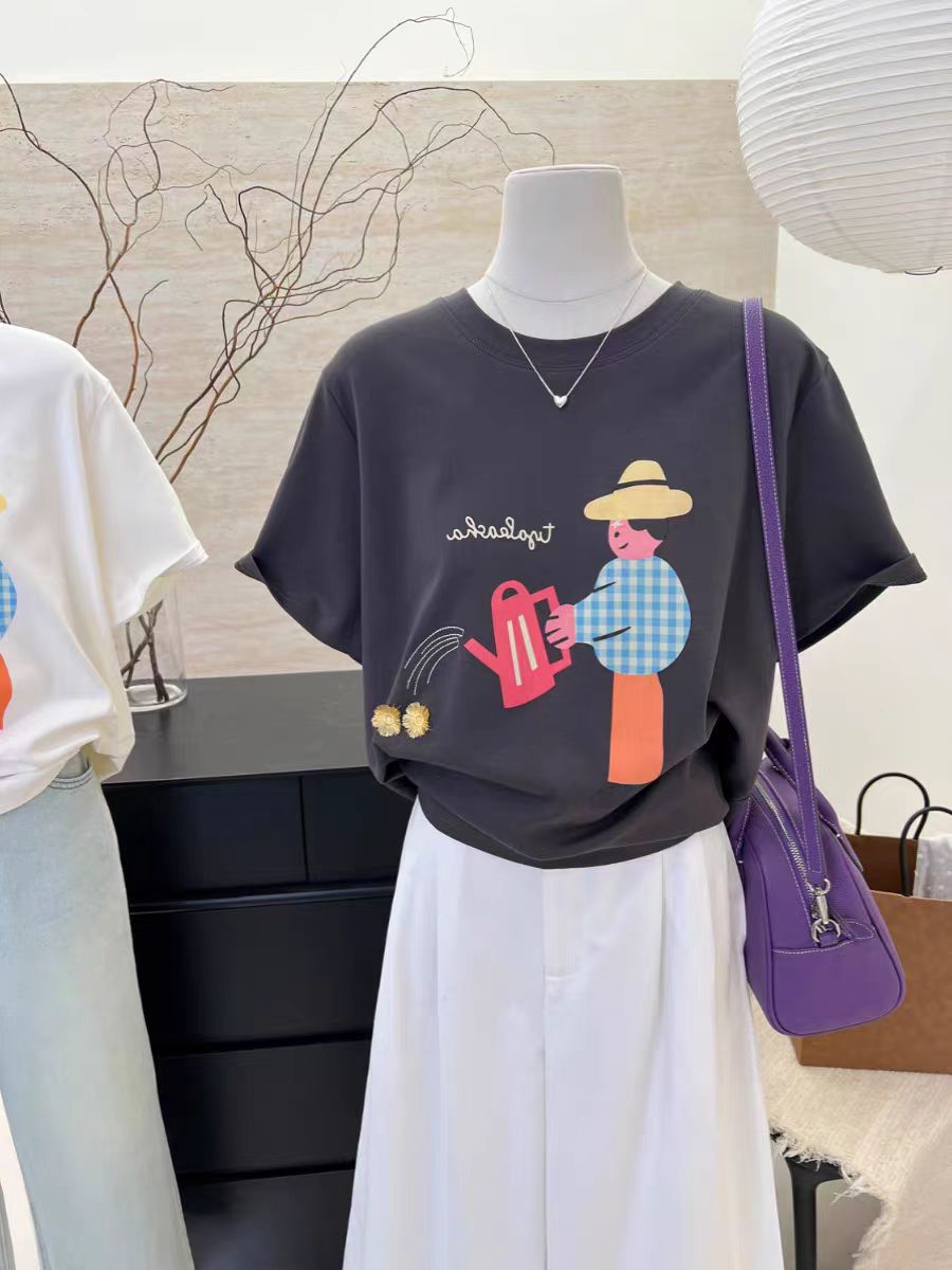 200g combed and tight spun in 2025, pure cotton back bag strip, spring and summer loose shoulder printed short-sleeved T-shirt