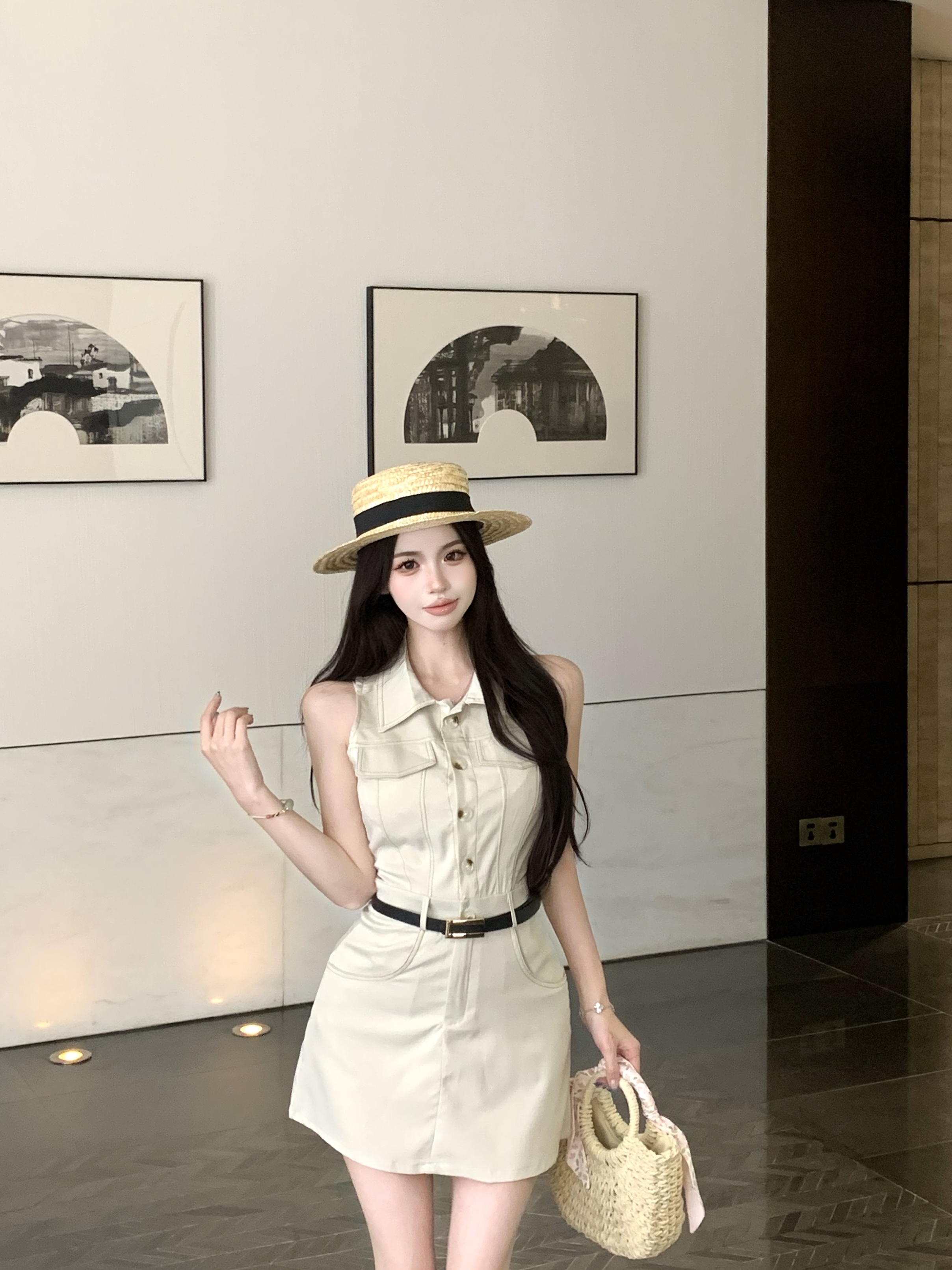 Real shot!  French lapel shirt dress for women summer temperament design sense commuting waist slim short skirt