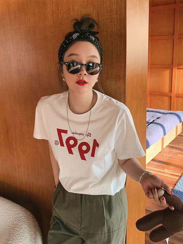 200g combed and tight spun in 2025, pure cotton back bag strip, spring and summer loose shoulder printed short-sleeved T-shirt
