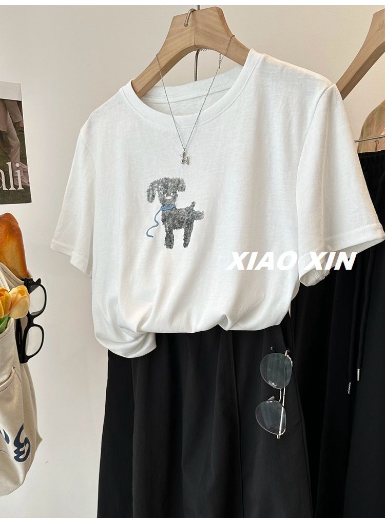 Embroidery + Printed Embroidery Blue Rope Puppy Printed Short Sleeve T-shirt Women's 2025 Spring and Summer All-match Top