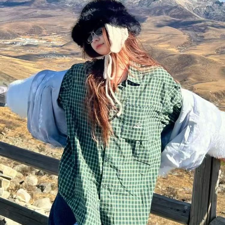 美式潮牌設計感繡花小眾復古格子襯衫女寬鬆慵懶風春秋2025年外套