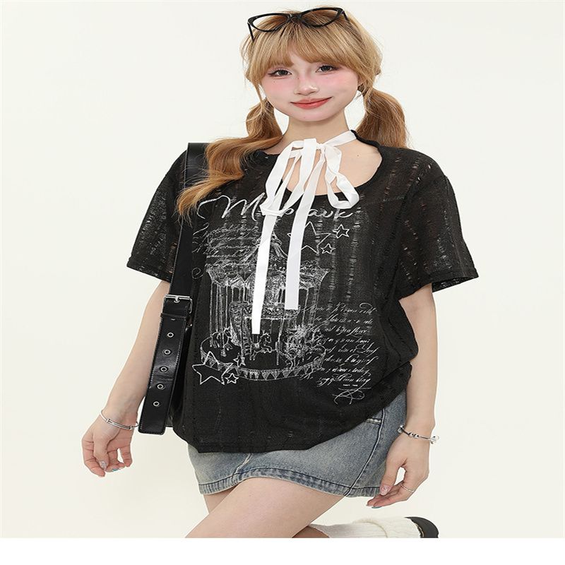 Retro trendy strap printed short-sleeved T-shirt for women in summer new design loose and slim half-sleeved top