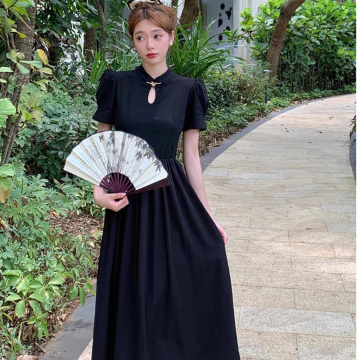 2025新款女裝新中式復古國風連衣裙夏季收腰小黑裙顯瘦高級感裙子