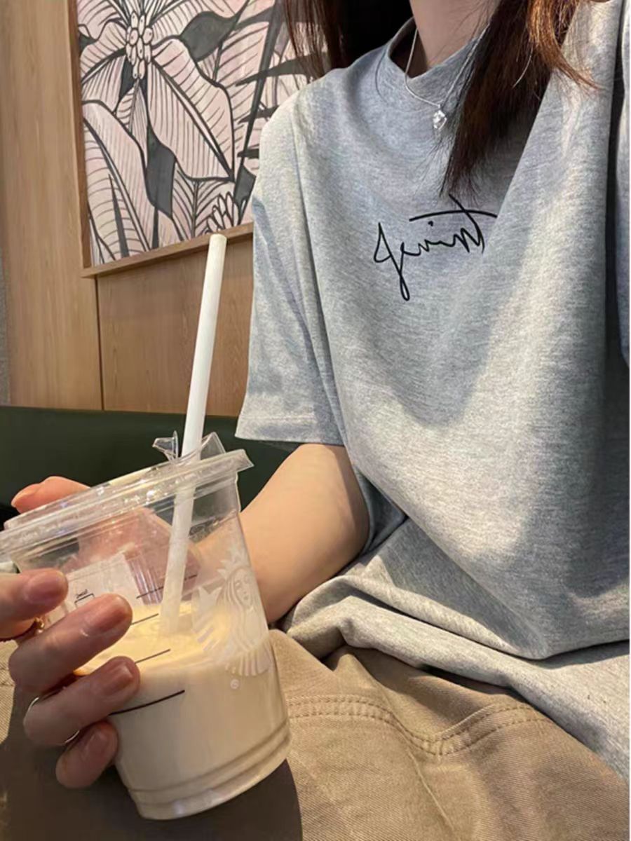 200g combed and tight spun in 2025, pure cotton back bag strip, spring and summer loose shoulder printed short-sleeved T-shirt