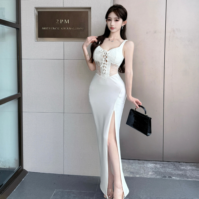Sexy long lace spliced ​​hollow sling vest dress