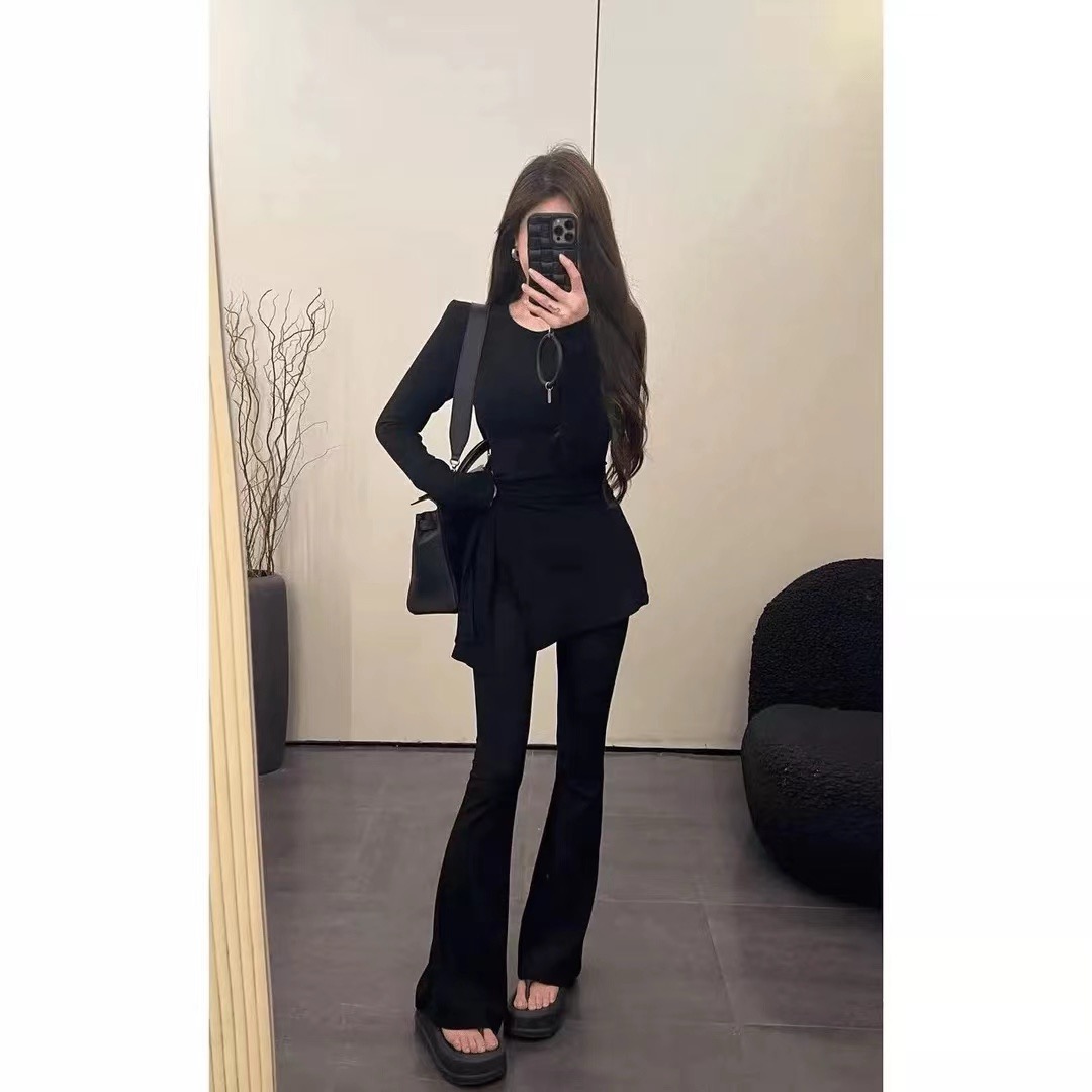 莫代爾人棉 不規則開叉收腰綁帶長袖t恤女上衣獨特别致打底衫