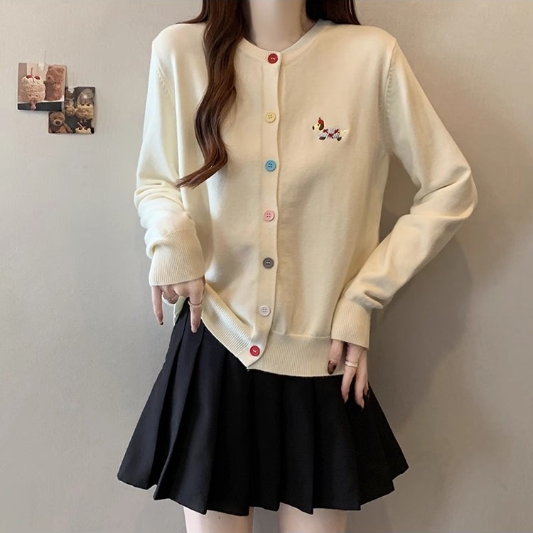 Spring sweet temperament embroidered dachshund dog color buckle knitted cardigan 2025 new round neck slim and age-reducing top