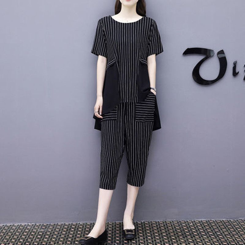 New fashion large size loose short-sleeved cropped pants casual two-piece sports suit for women summer