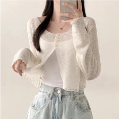 Chic Ice Silk Knit Long-Sleeve Sun Shirt, New Style Outerwear, Air Conditioner Cover Shirt, Hot Girl Short-Sleeve Top