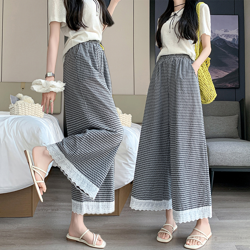 Real photos of Japanese lace plaid wide-leg pants for women's new style skirt pants loose slim casual trousers