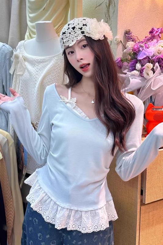 原版做工休閒甜美蕾絲長袖T恤女2025春季遮肉顯瘦假兩件上衣