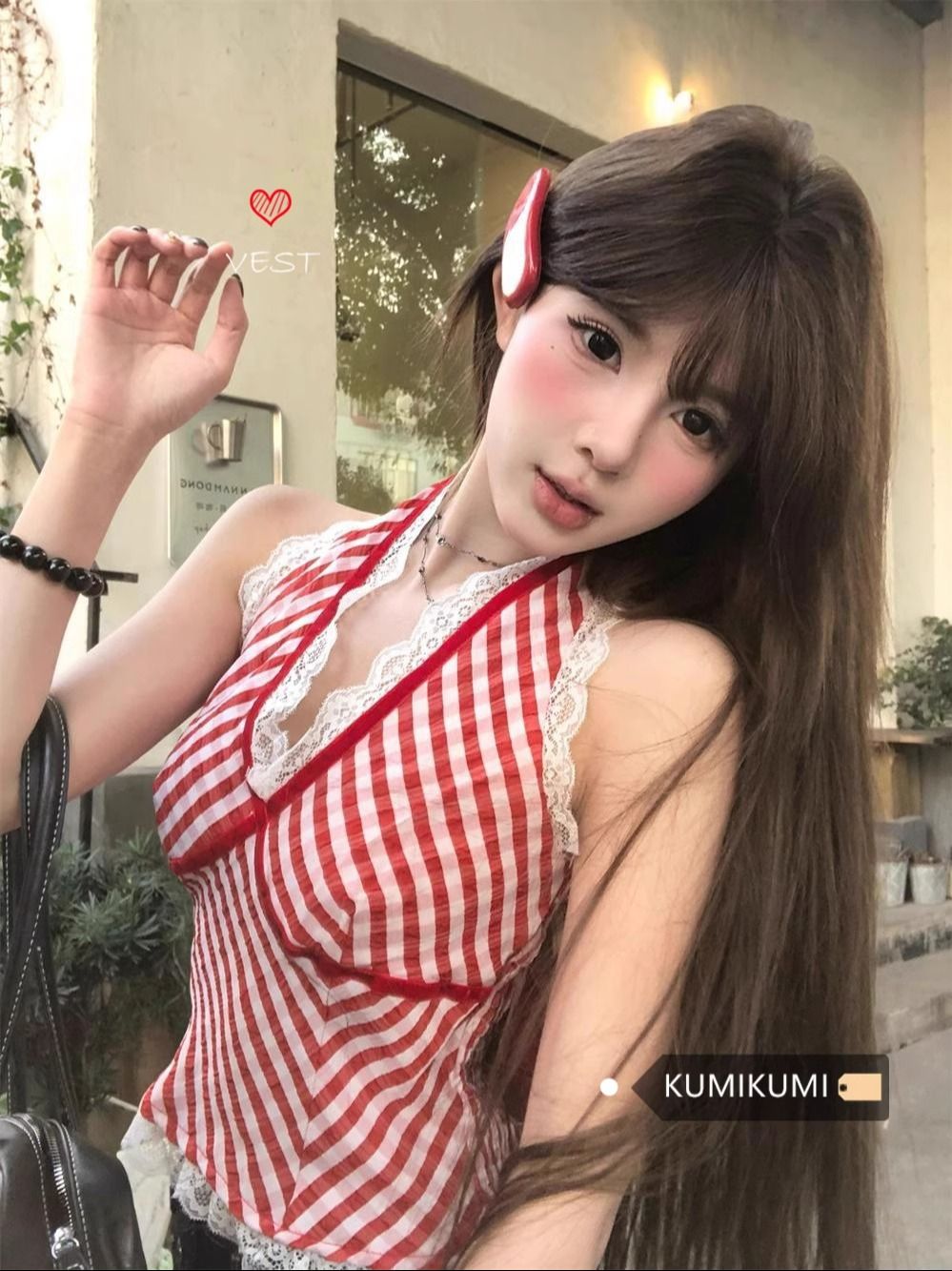 Pure lace halter neck vest for women in summer sexy V-neck slim red plaid base shirt short top