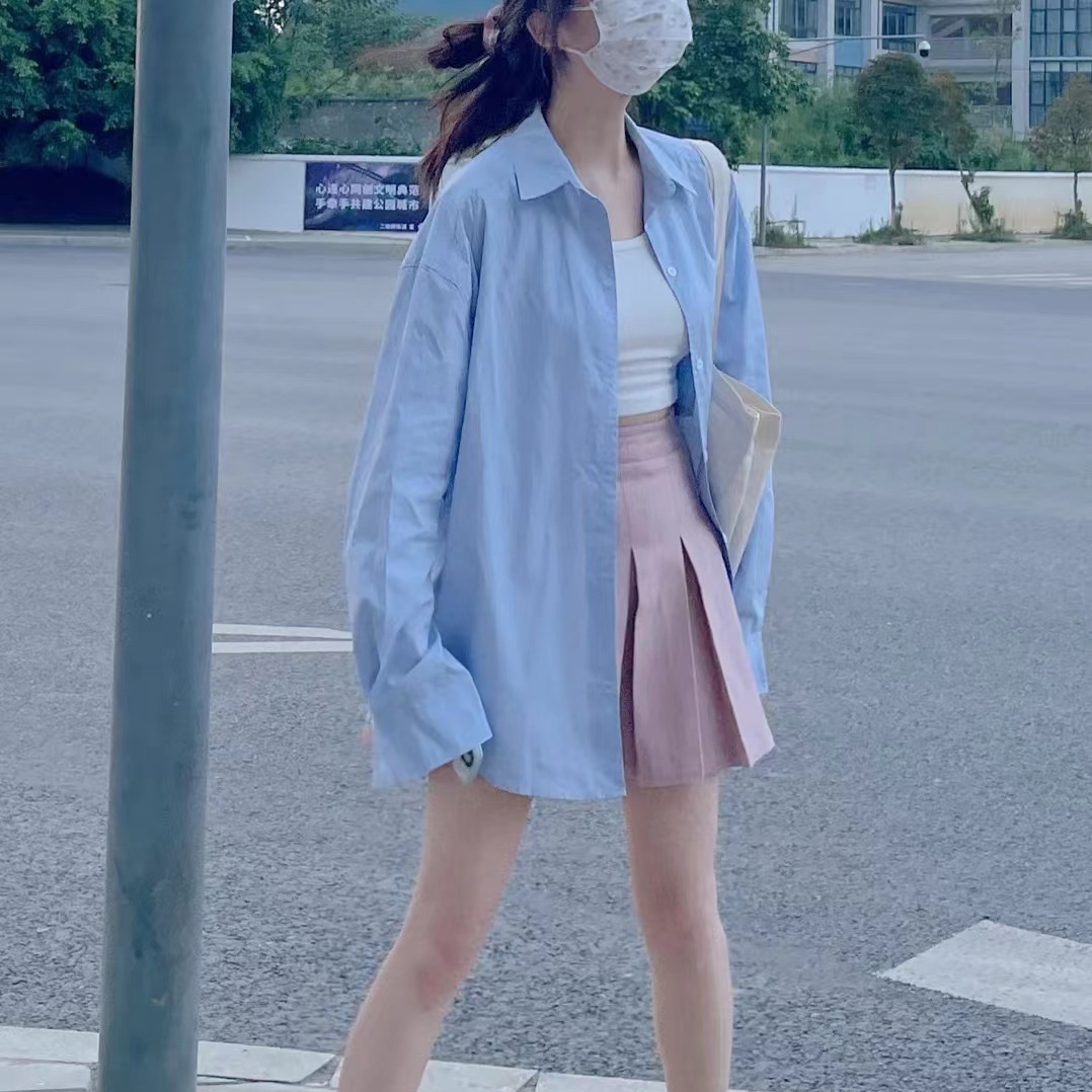 棉質藍色襯衫女法式質感別致漂亮小衫休閒上衣早春裝新款襯衣
