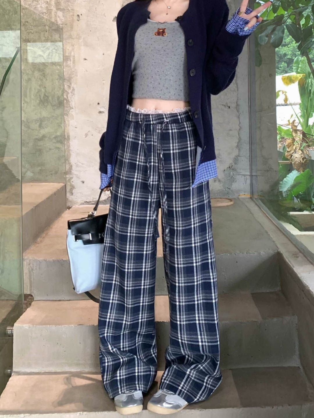 Korean version of lace waist original cloth lace spliced ​​plaid casual pants retro slack high waist loose wide legs