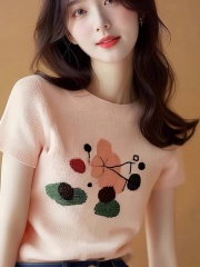 New Design Sensory Summer Quality Top Pink Knitted Bodycon Shoulder Short Sleeve T-Shirt for Women